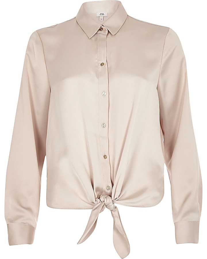 Nude tie front long sleeve shirt