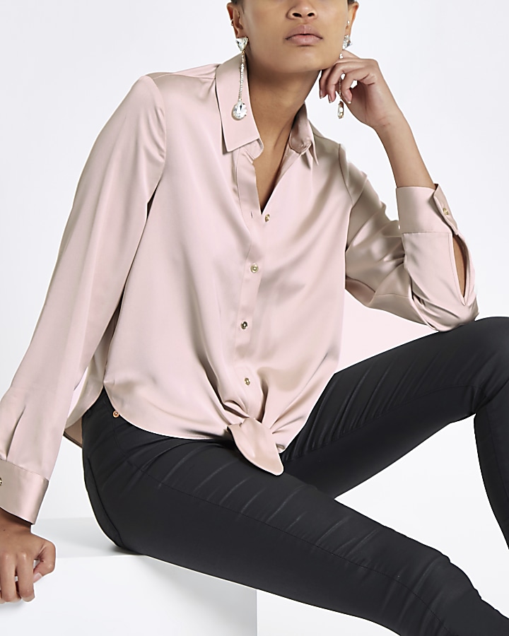 Nude tie front long sleeve shirt