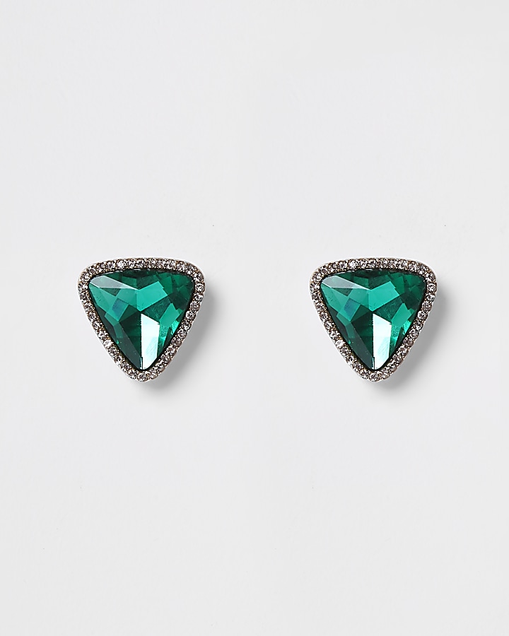 Green triangle stud earrings