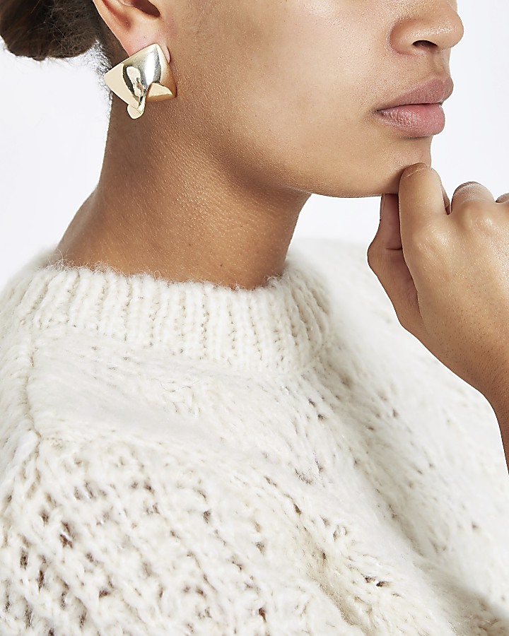 Gold tone square folded stud earrings