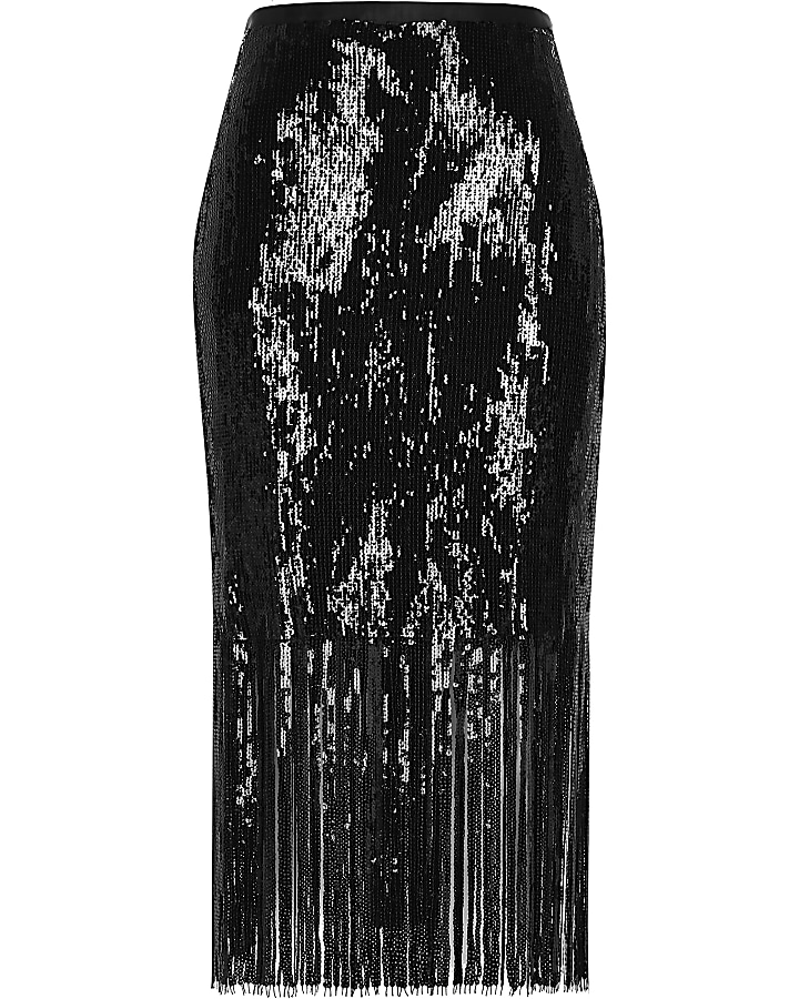 Petite black sequin tassel trim pencil skirt