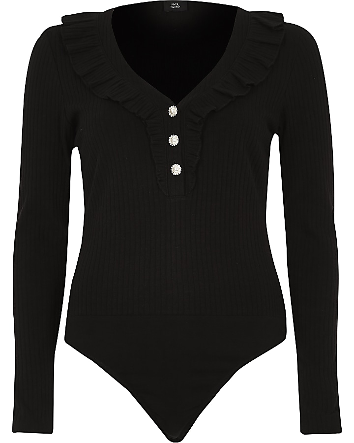 Black frill V neck button-through bodysuit