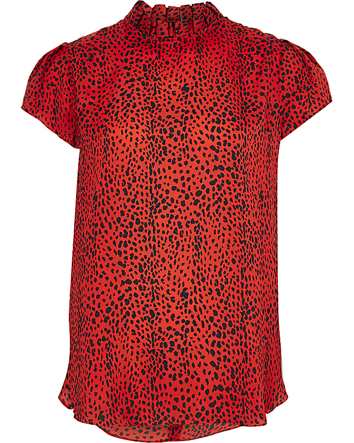 Red leopard print frill neck shell top