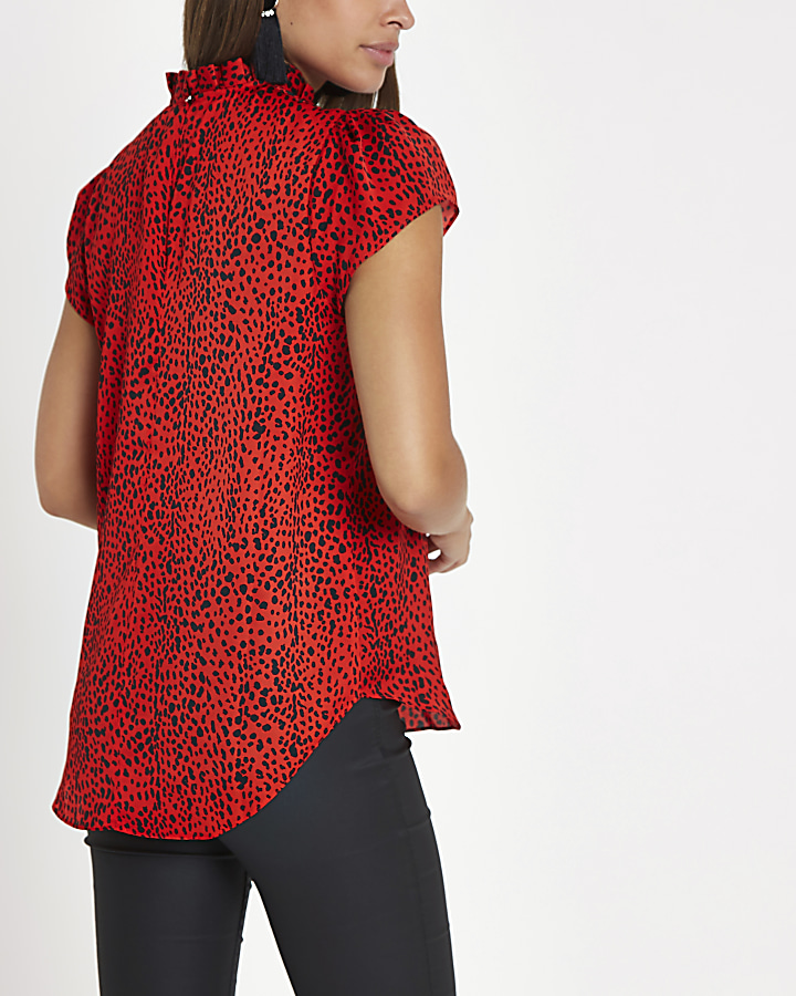 Red leopard print frill neck shell top
