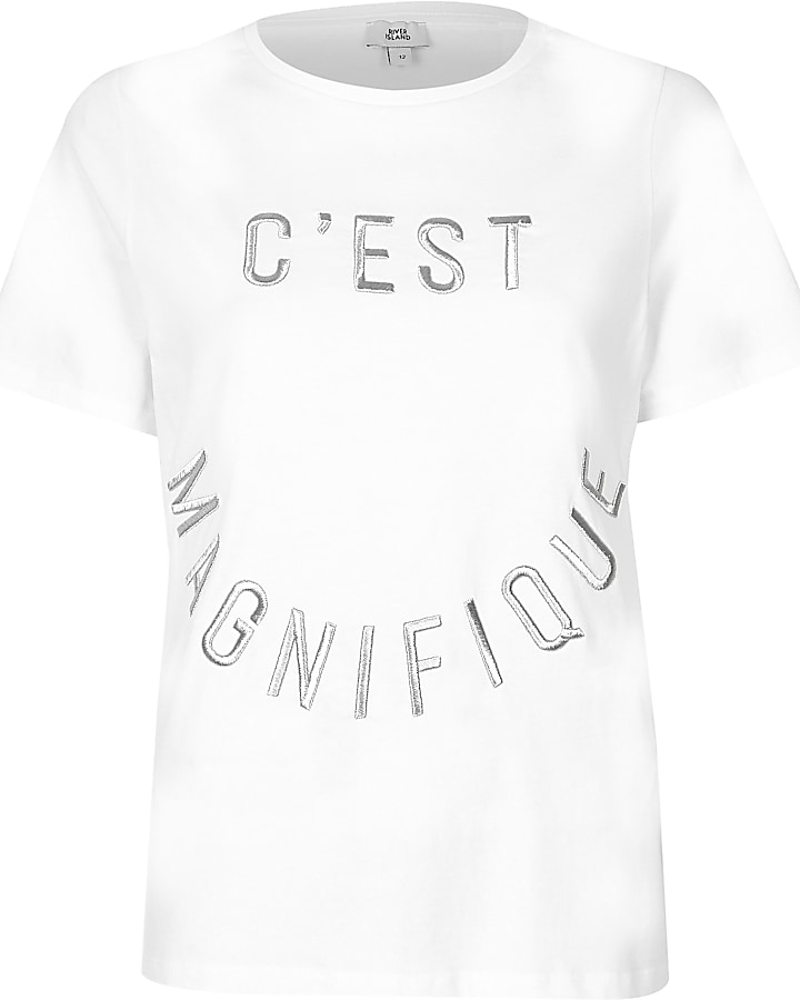 White ‘c’est magnifique’ embroidered T-shirt