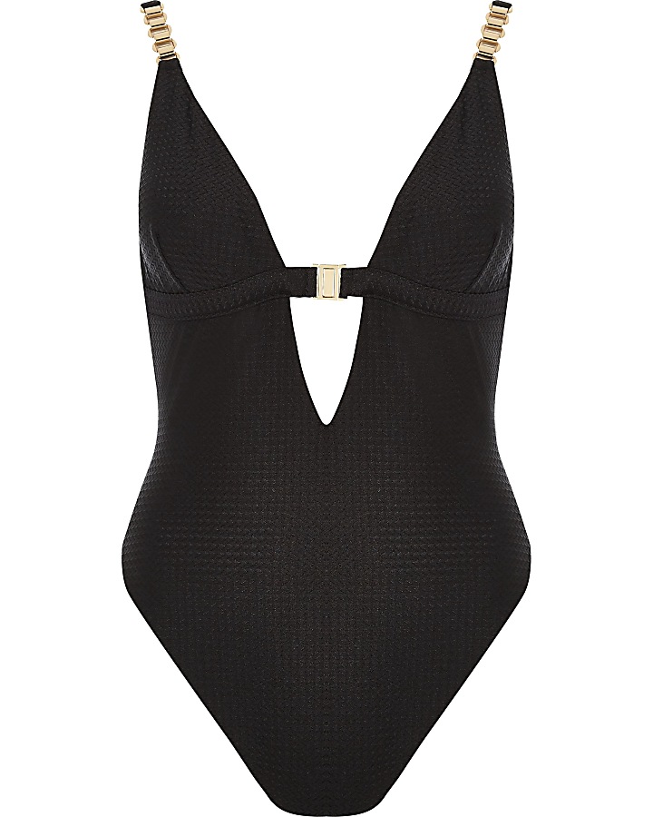 Black textured clip front swimsuit