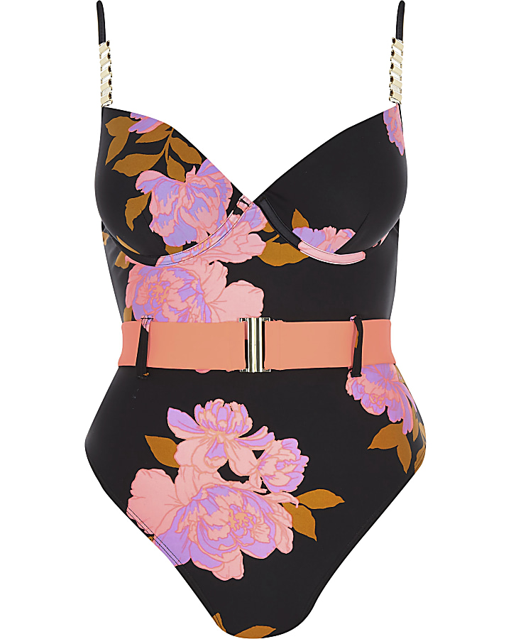 Black floral print belted plunge swimsuit