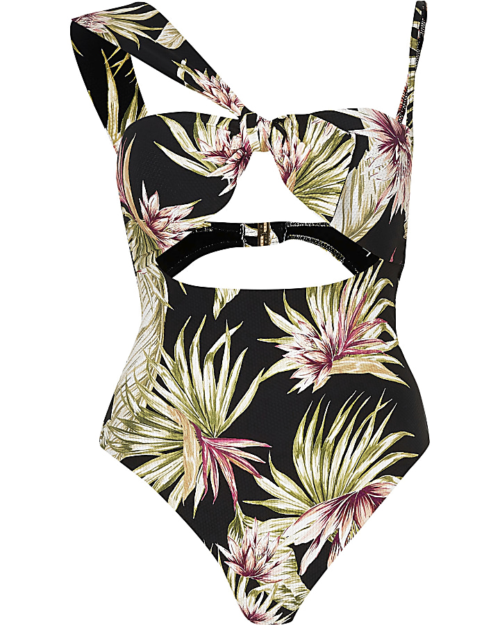 Black tropical print bandeau swimsuit