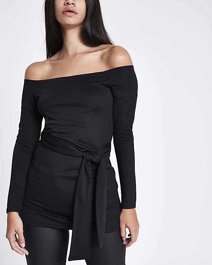 Black fitted long sleeve belted bardot top