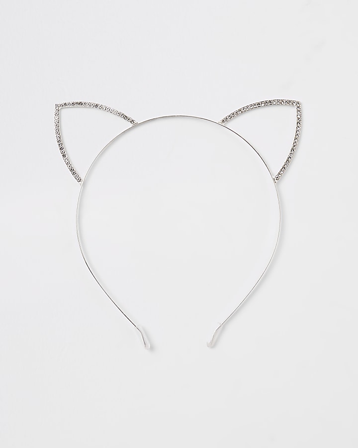 WSilver tone diamante cat ears headband