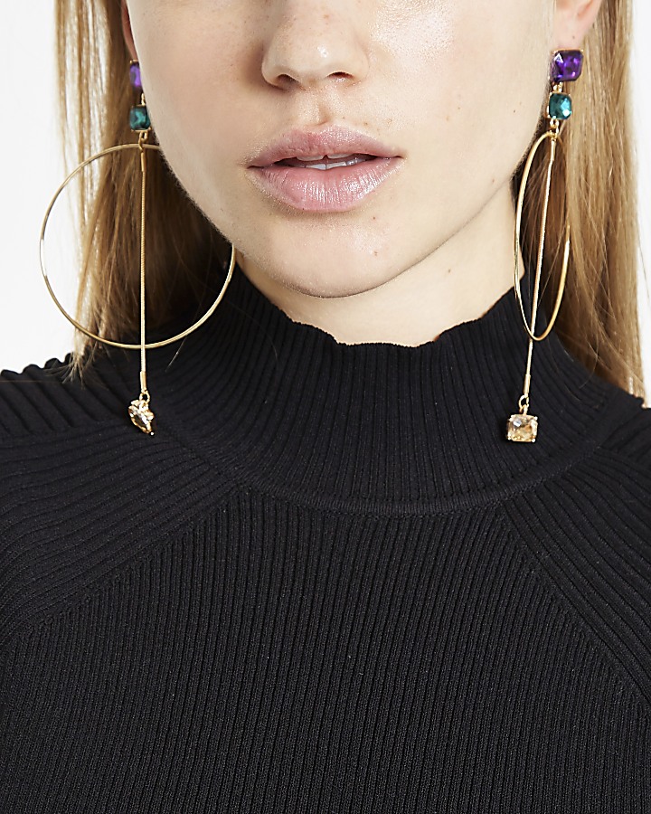 Gold tone jewel hoop drop earrings