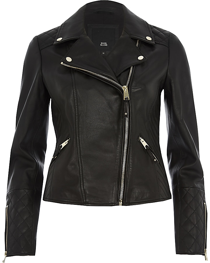 Black leather quilted biker jacket