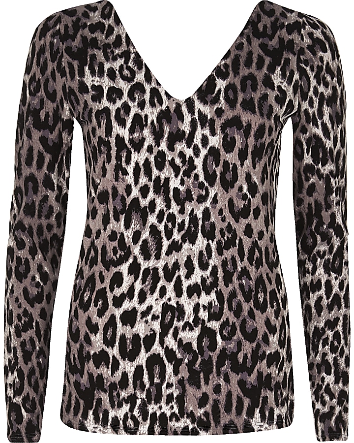 Brown leopard print V neck long sleeve top