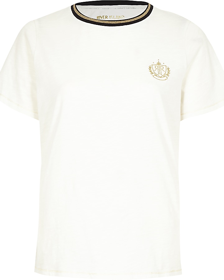 White crest embroidered fitted T-shirt
