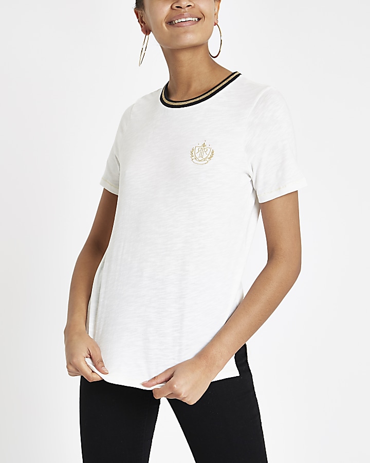 White crest embroidered fitted T-shirt