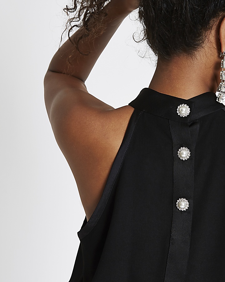 Black halter neck pearl diamante button top
