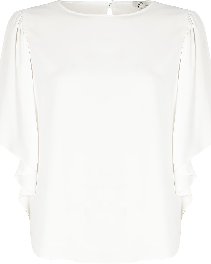White round neck frill sleeve blouse
