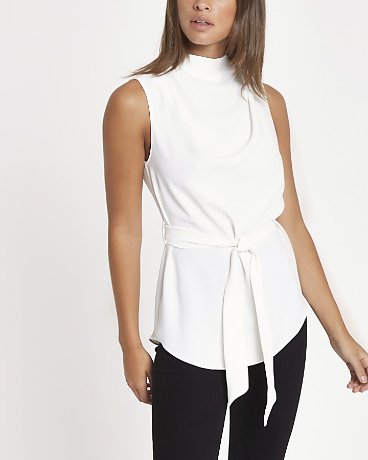 White roll neck belted top