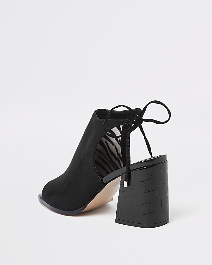 Black tie back block heel shoe boots