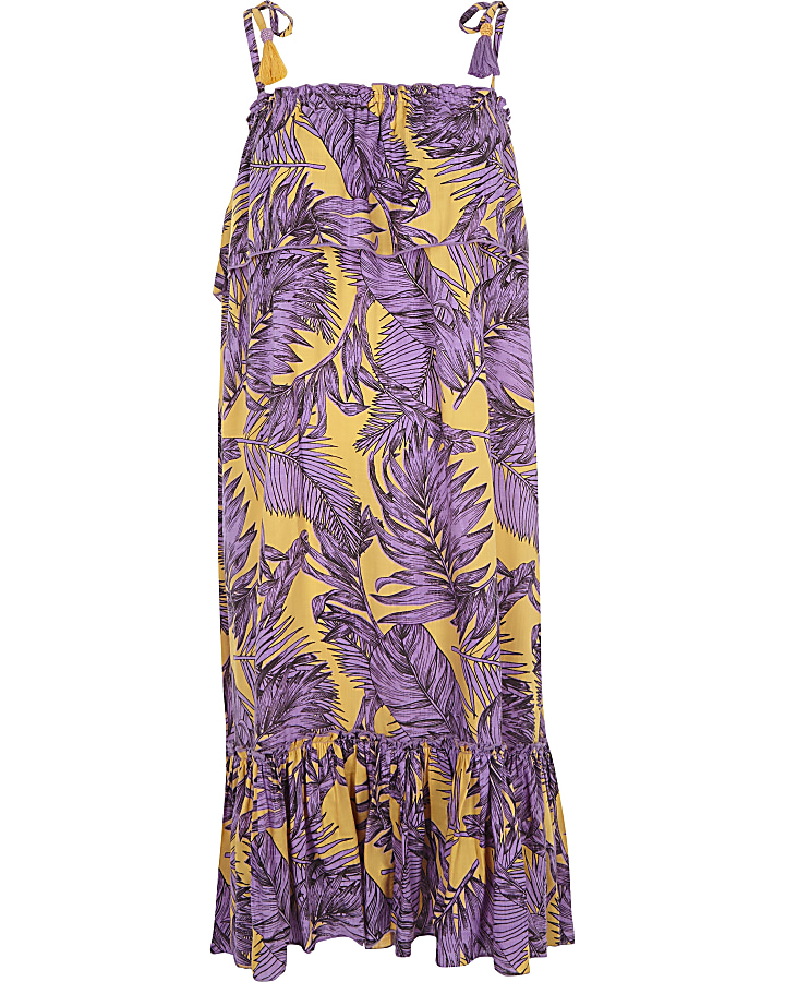 Purple leaf print oversized midi beach dress