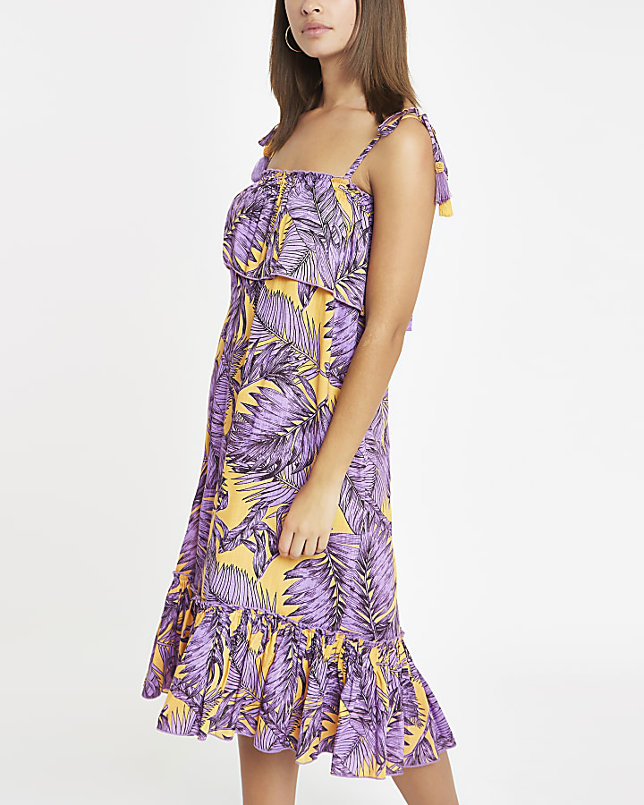 Purple leaf print oversized midi beach dress