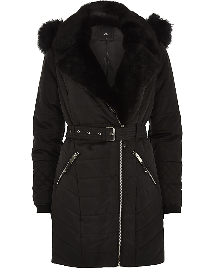 Black padded biker faux fur hood coat