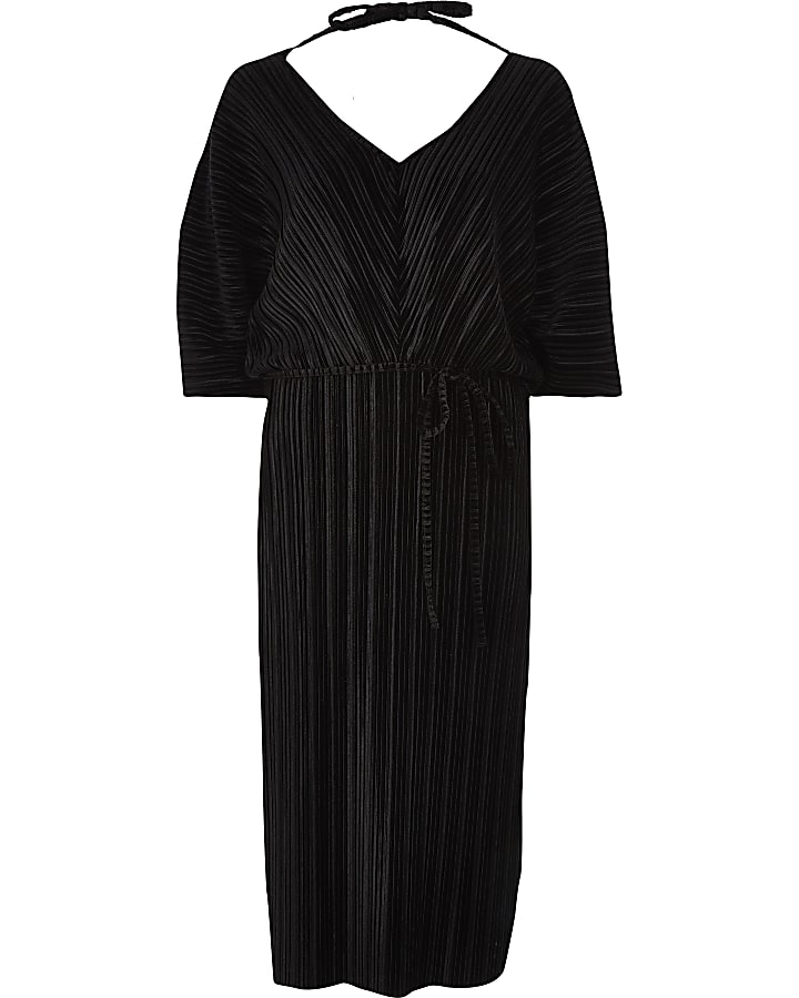 Black velvet plisse bodycon midi dress