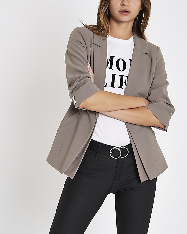 Grey double layer ruched sleeve blazer