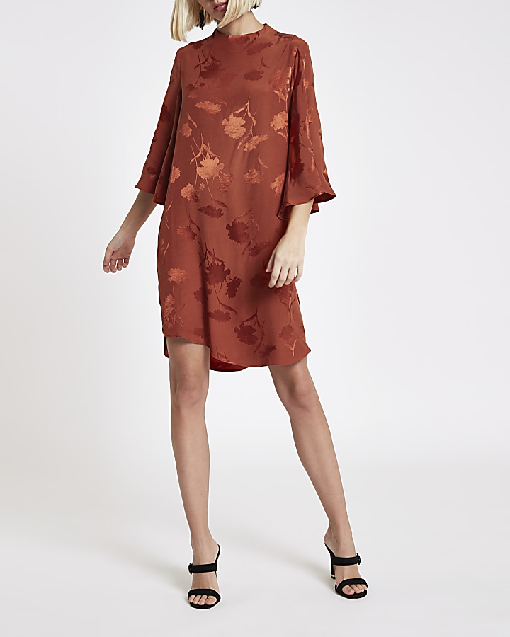 Brown floral cape sleeve swing dress