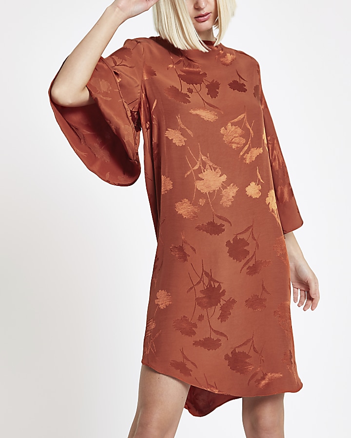 Brown floral cape sleeve swing dress
