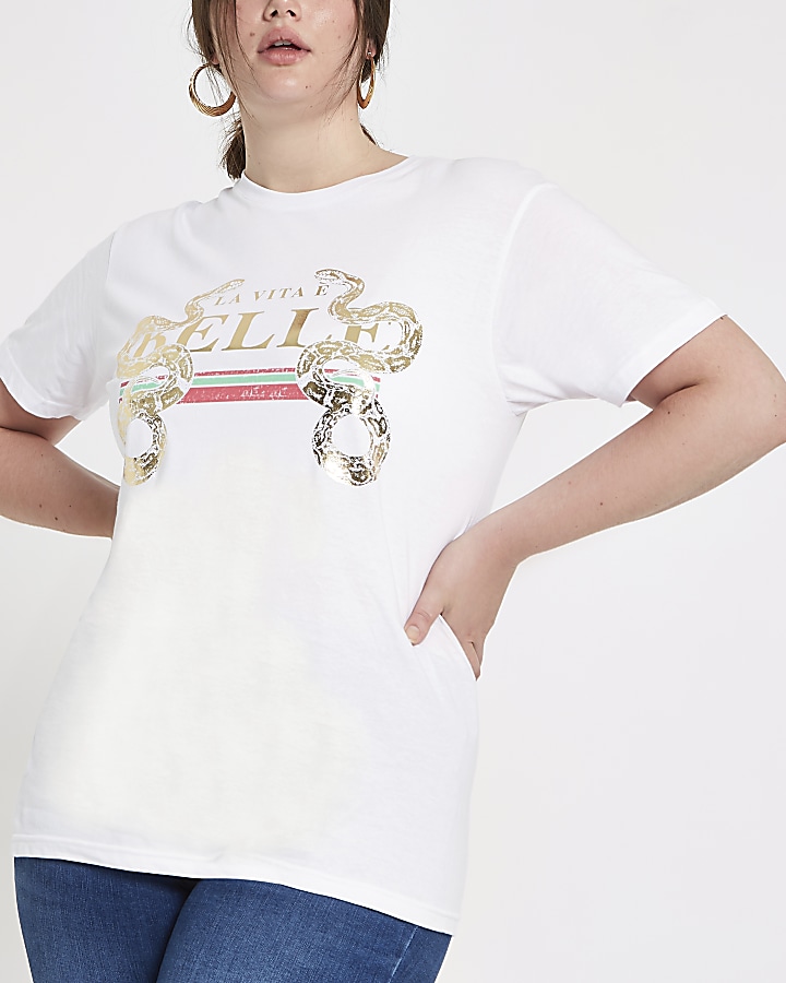 Plus white snake gold foil print T-shirt