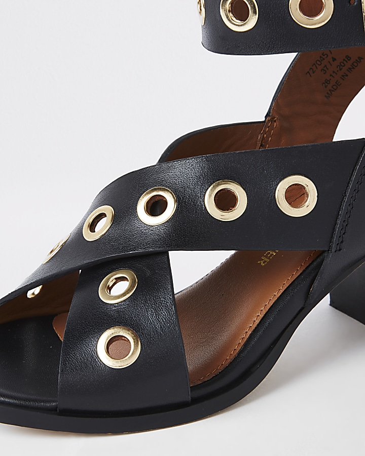 Black leather eyelet block heel sandals