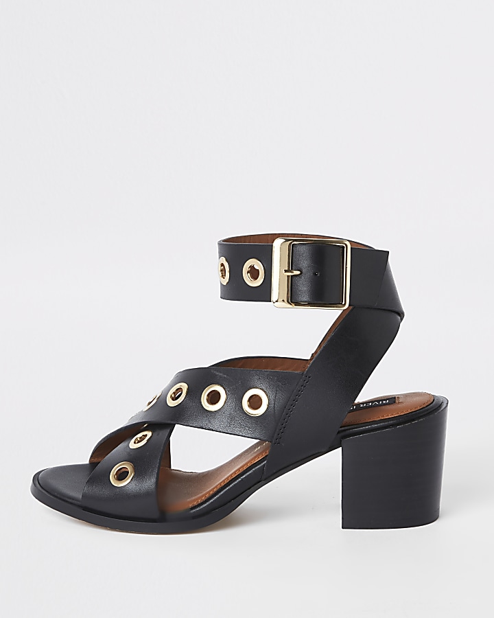 Black leather eyelet block heel sandals
