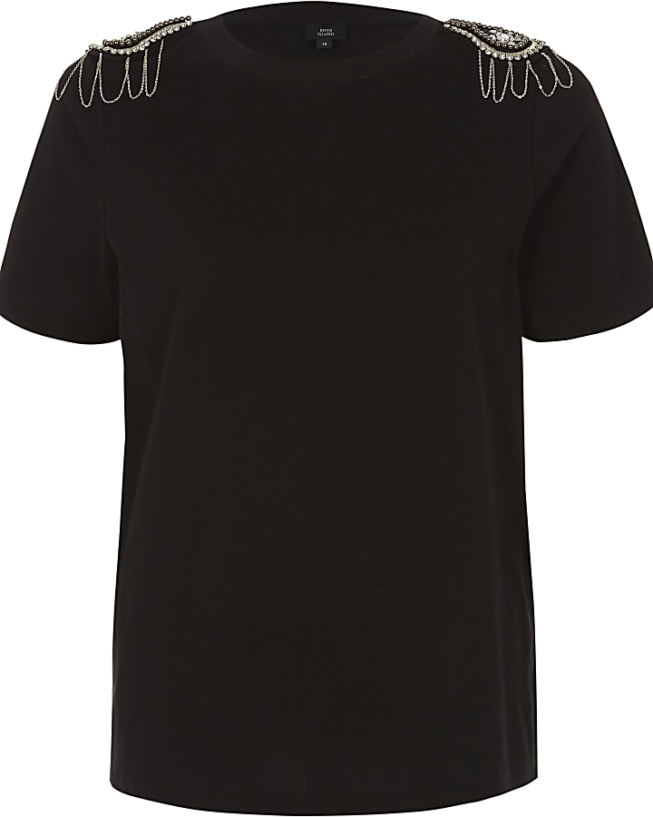 Black diamante embellished shoulder T-shirt