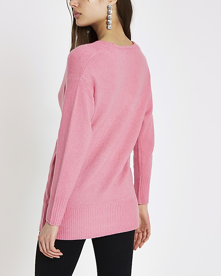 Pink knit V neck jumper