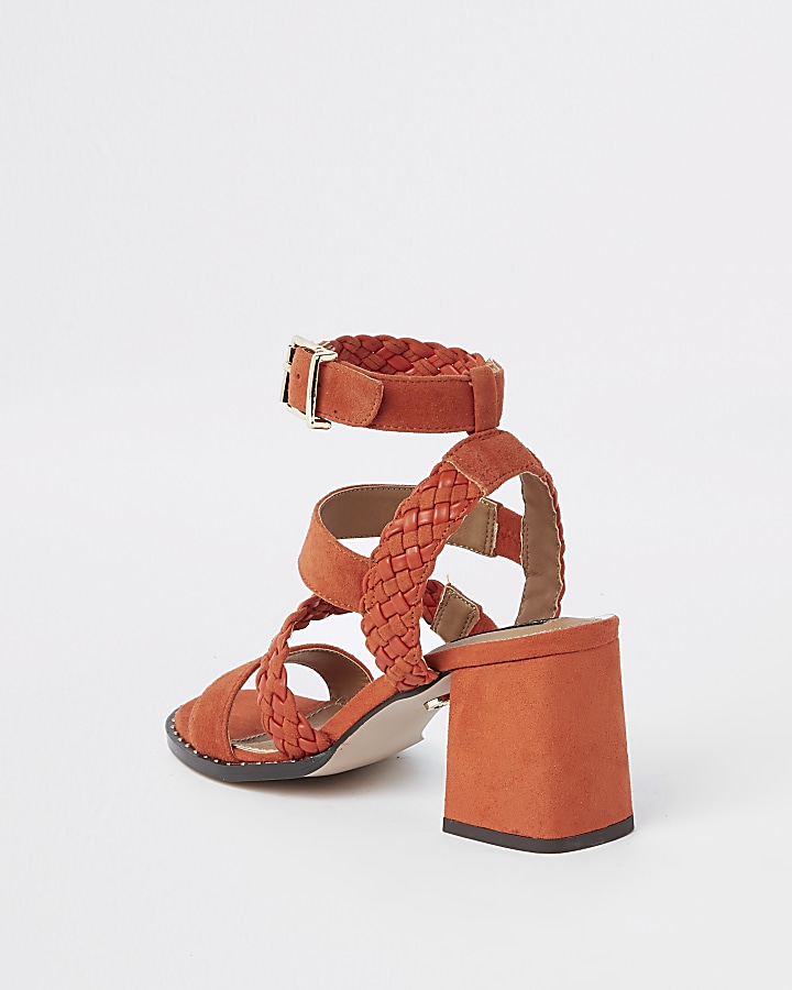 Orange faux suede woven stud sandals