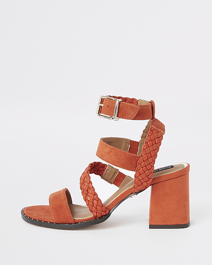 Orange faux suede woven stud sandals