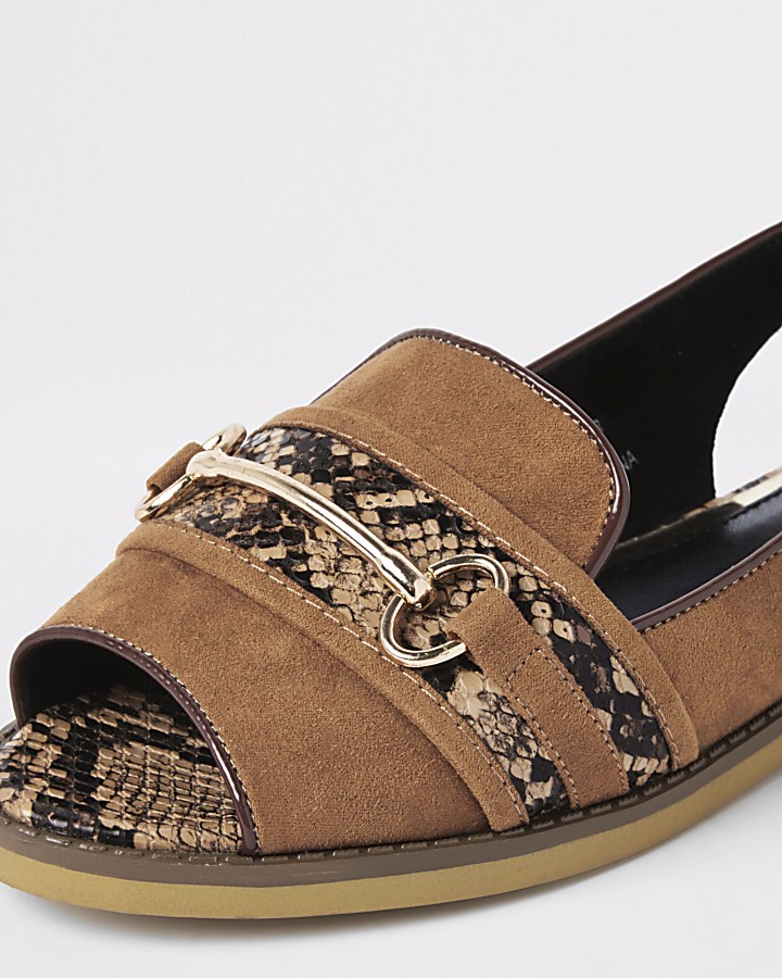 Brown snake print slingback peep toe loafers