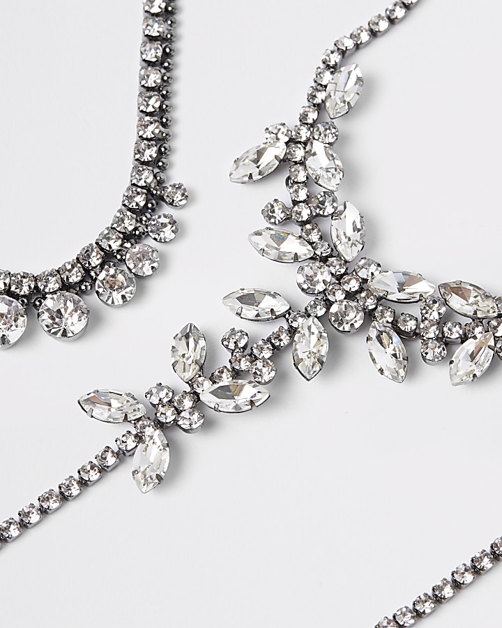 Silver diamante cluster layered necklace