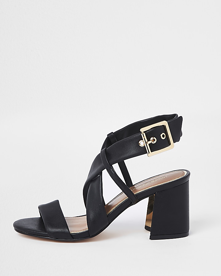 Black cross strap block heel sandals