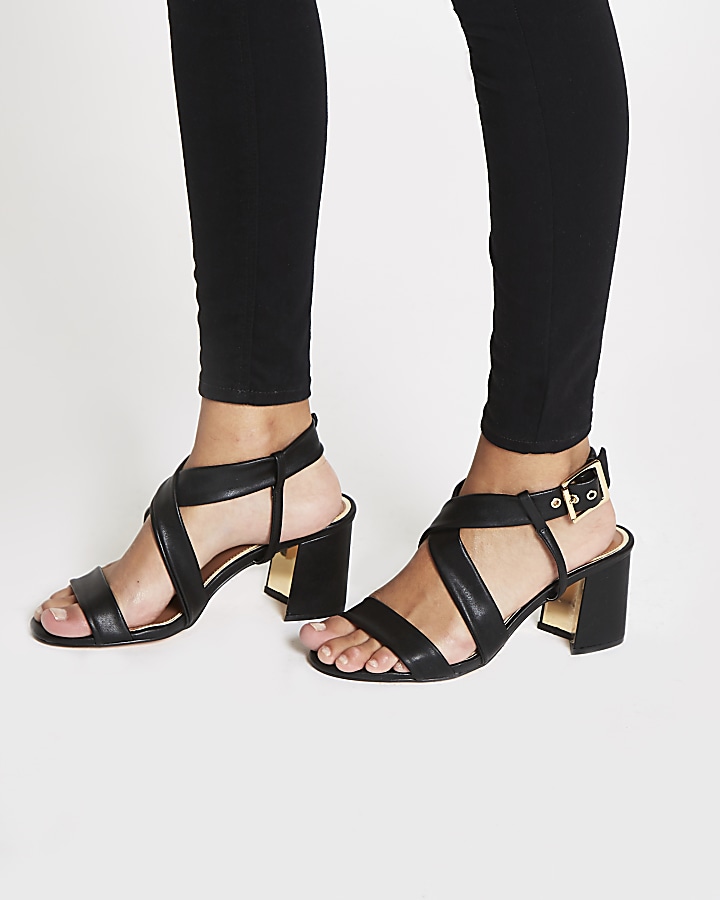 Black cross strap block heel sandals