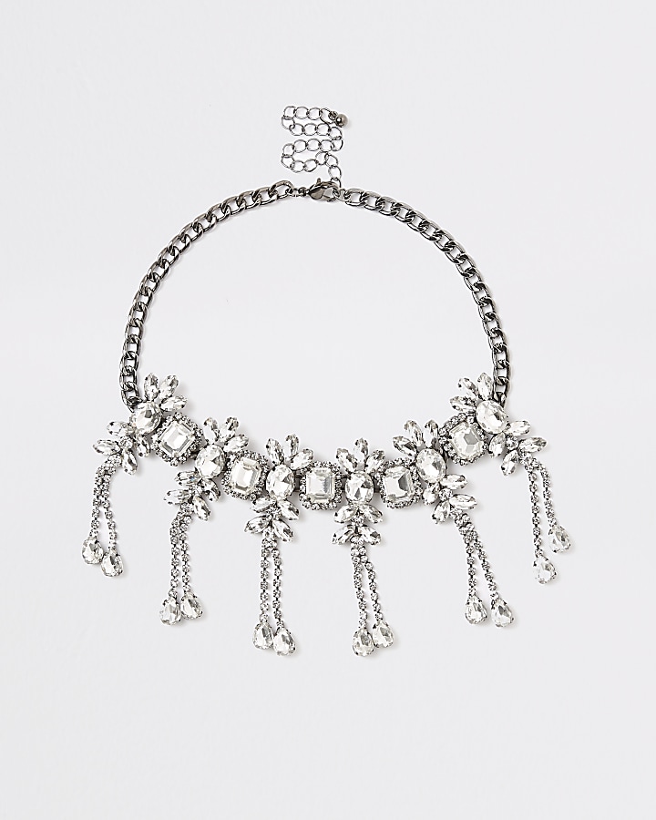 Dark grey diamante jewel embellished necklace