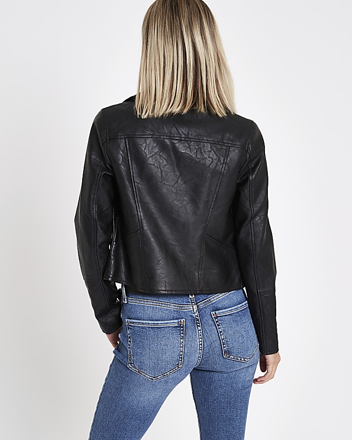 Petite black faux leather biker jacket