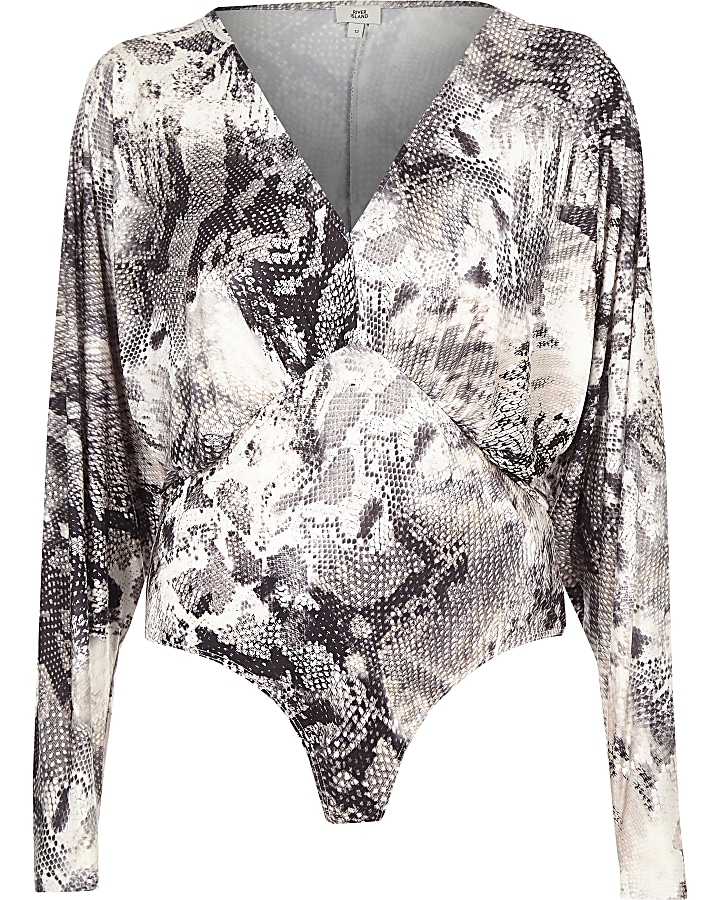 Grey snake print plunge bodysuit