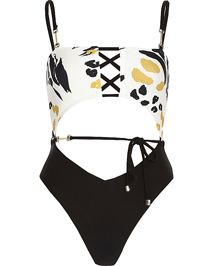 Cream print cut out swimsuit