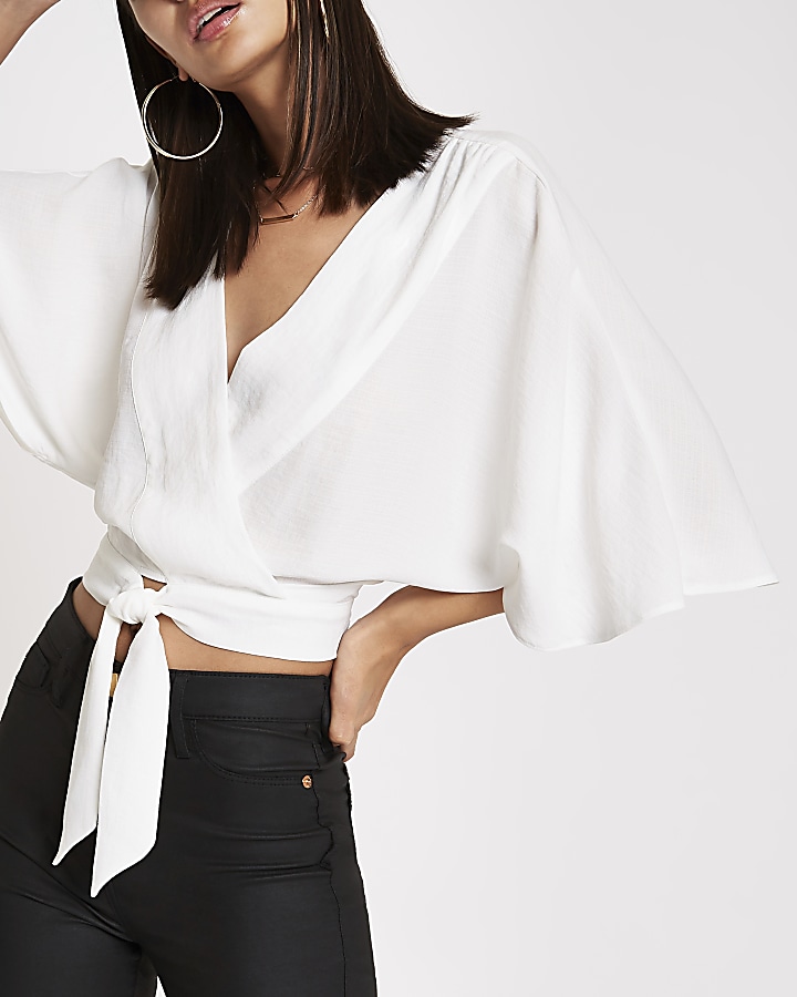 White wrap tie front kimono sleeve top