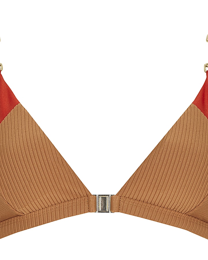 Light brown blocked triangle bikini top