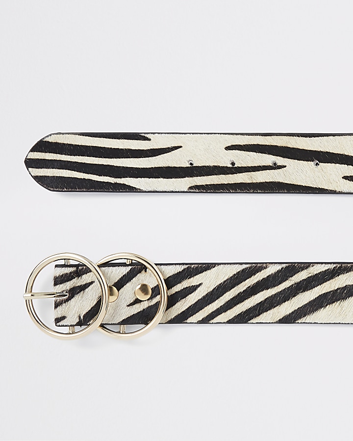 White leather pony zebra print ring belt