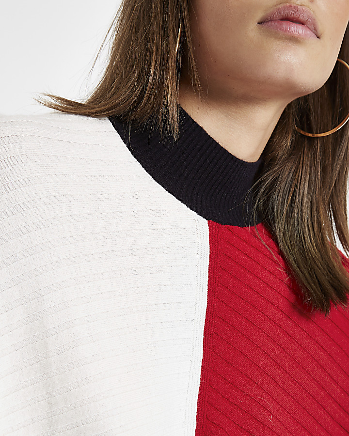 Red ribbed knit colour block jumper
