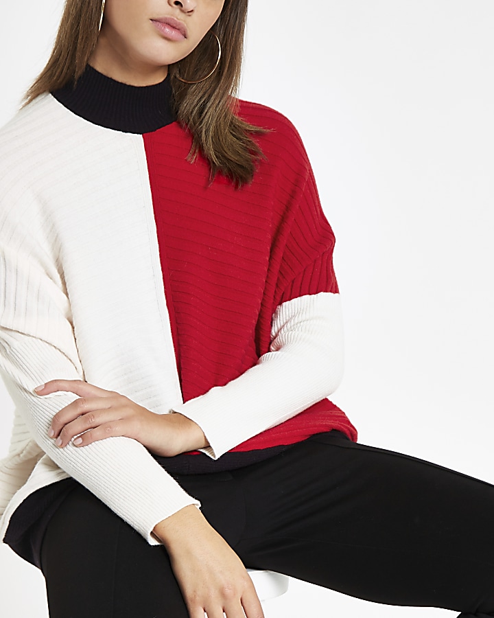 Red ribbed knit colour block jumper